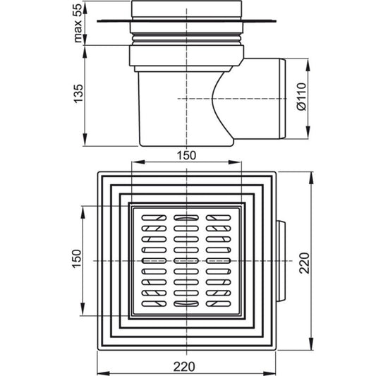 Siphon de sol Alcaplast APV12 en acier inoxydable 150x150 mm série APV1 horizontal