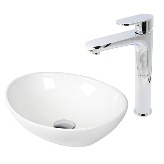 Ensemble complet mitigeur de lavabo "Albuch" haut + lavabo invité ovale en céramique sans étagère