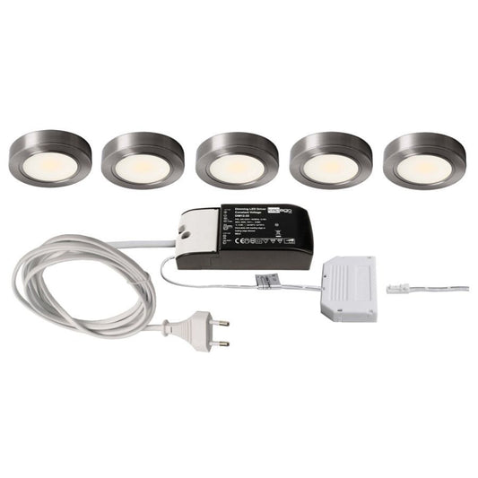 Lot de 5 - Luminaire LED pour meuble BAHAM I, 12 V DC, 2,5 W 3000 K 240 lm 110 °, avec adaptateur secteur et distributeur AMP